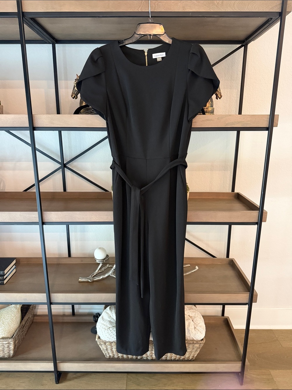 Calvin Klein Black Tulip Puff-Sleeve Jumpsuit with Tie Waist